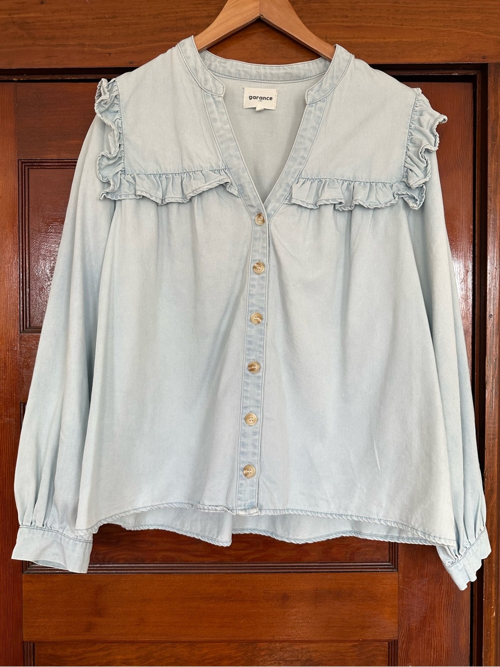 Garance Paris Chambray Ruffle V-Neck Blouse Tencel Cotton Large Blue Parisian